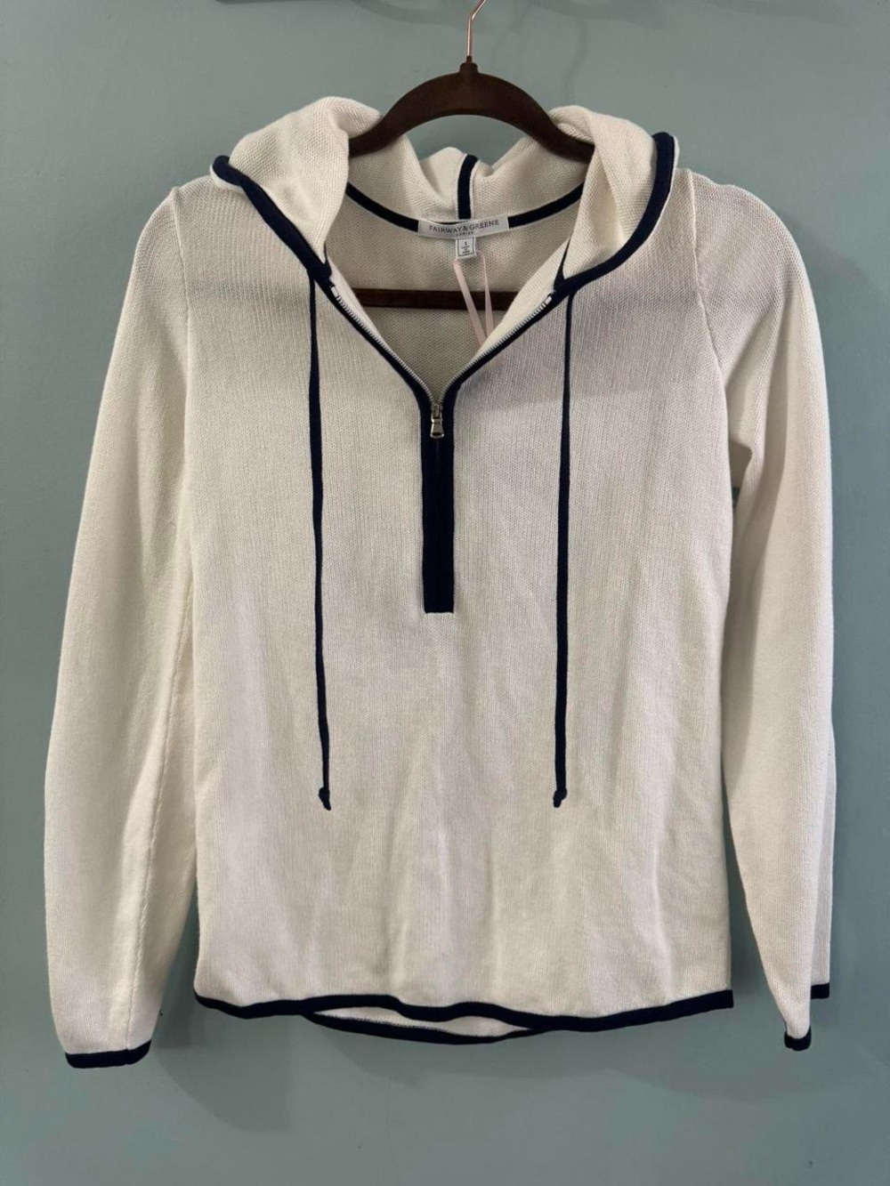 Fairway & Greene White Half-Zip Hoodie Sweater with Navy Trim
